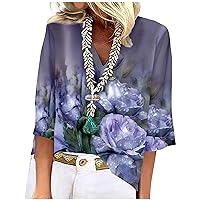 Women's V Neck 3/4 Sleeve T Shirt Casual Loose Lace Trims Print Blouse Shirts Tee
