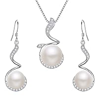 EleQueen 925 Sterling Silver CZ AAA Button Cream Freshwater Cultured Pearl Bridal Jewelry Necklace Earrings Set Ivory for Women, Valentine's Day/Mother's Day/Christmas Jewelry Gift for Girlfriend/Mom