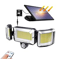Solar Lights Outdoor, 224 LED Motion Sensor Security Lights, 3 Modes Solar Wall Lights, 3 Heads Security Flood Lights with Remote Control, IP65 Waterproof, for Outside Garden Patio Yard