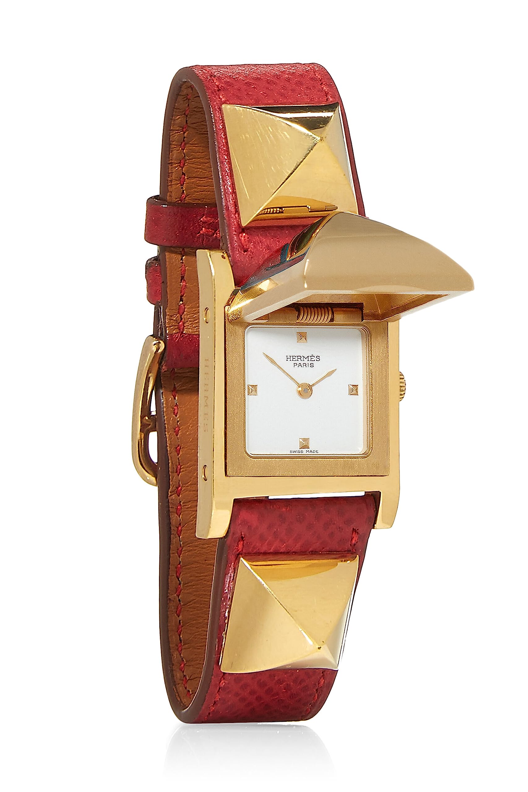 Hermès, Pre-Loved Gold & Red Courchevel Medor Watch, Red