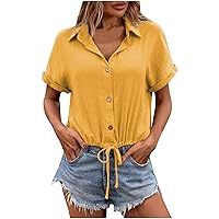 Women's Rolled Short Sleeve Button Down Shirts Casual Loose Fit Lapel Collar Drawstring Tie Elastic Waist Blouse Tops