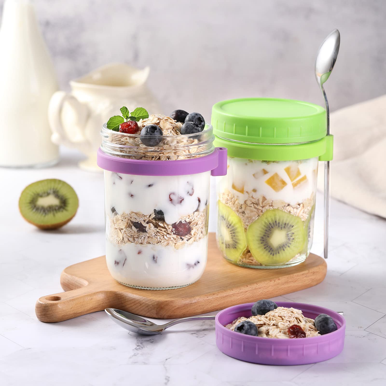 LANDNEOO 4 Pack Overnight Oats Containers with Lids and Spoons, 16 oz Glass Mason Overnight Oats Jars, Large Capacity Airtight Jars for Milk, Cereal, Fruit