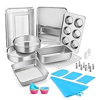 E-far Stainless Steel Bakeware Set of 9 with Piping Bags and Tips Set and 12 Pack Reusable Silicone Baking Cups