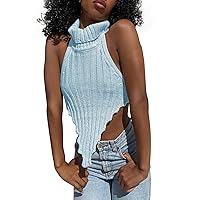 Sexy Backless Summer Top Women's Sleeveless Wool Sweater Vest with High Neck Solid Color Vacation Vest (Blue, L)