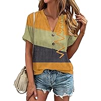 Casual Tops for Women Trendy, Fashion Women's Loose Plain V Neck Button Short Sleeve Graphic Tees, S XXL