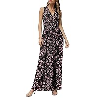 Women's Casual Sleeveless Deep V-Neck Long Dress Beach Waist Maxi Dresses with Pockets