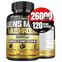 26in1 Lions Mane Supplement Complex 26000Mg - Blended with Cordyceps Sinensis, Reishi Mushroom, Elderberry, St. John's Wort & More - Support Brain, Mood, Immunity & Digestive - 120 Caps for 2 Months