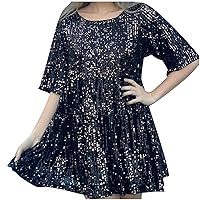 Sequin Babydoll Dress for Women Shiny Sparkly Short Sleeve Mini Dress Prom Party Night Clubwear Glitter Swing Dresses