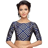 Aashita Creations Women's Benaras Brocade Saree Blouse with Elbow Length Sleeves Navy Blue Color_1306