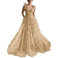 Eightale Long Tulle Lace Prom Dresses with Appliques Split Butterfly 3D A Line Formal Evening Gowns