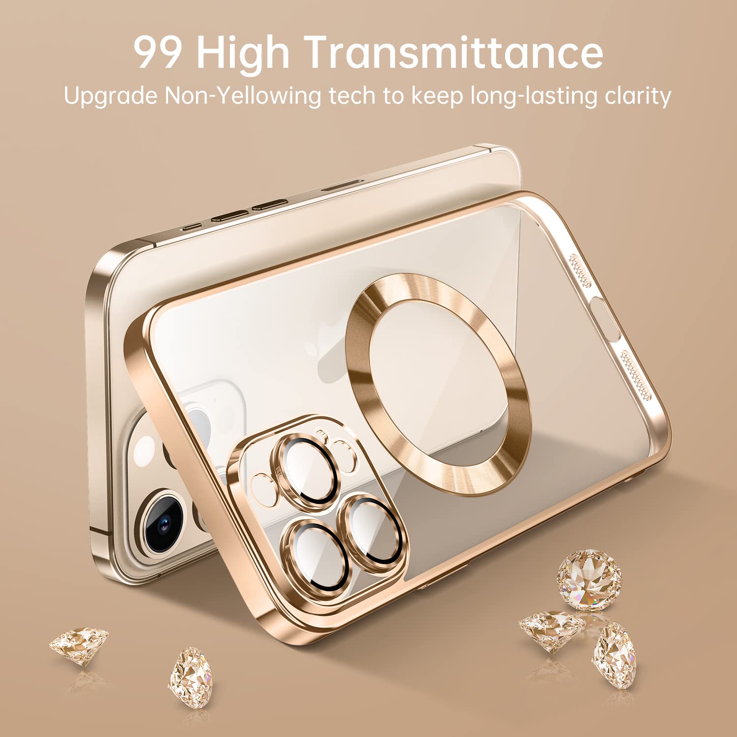 Spevert Magnetic Clear Case for iPhone 14 Pro Max with Camera Lens Protector Full Protection Polypropylene Case Compatible with MagSafe Elegant Anti-Scratch Case Cover 6.7 Inch - Gold