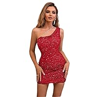 Dresses for Women Women's Dress Allover Print One Shoulder Rhinestone Cut Out Ruched Bodycon Dress Dresses