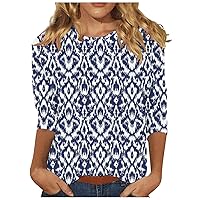 Blouses for Women Dressy Casual Dressy Crew Neck 3/4 Length Sleeve Tops Summer Vintage Floral Print Shirts Relaxed Fit Tees
