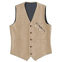 Men's Herringbone Business Suit Vest Groomsmen 5 Button Tweed Slim Fit Waistcoat Top for Wedding Work Prom (Color : Champagne, Size : Small)