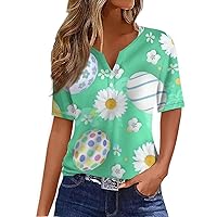 Womens Easter Outfits 2024,Easter Women's Fashion Casual Easter Printed V-Neck Short Sleeve Decorative Button T-Shirt Top