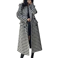 Women's Long Wool Coat Houndstooth Thickened Warm Mid Length Cold And Windproof Coat Trench Costume, S-XL
