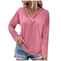 Womens Blouses Dressy Casual Fall Hippie Tshirts Shirts Long Sleeve Button V Neck Tops Solid Workout Tunics Tops