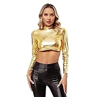 FEESHOW Women's Shiny Metallic Long Sleeve Crop Top Party Disco Half T-Shirt Tops Clubwear