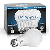 Great Eagle A19 LED Light Bulb, 9W (60W Equivalent), UL Listed, 5000K (Daylight), 800 Lumens, Non-dimmable, Standard Replacement (6 Pack)