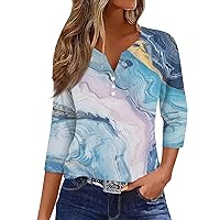3/4 Length Sleeve Womens Tops, Button Down V Neck Summer Casualel Tops Going Out Loose Fit Trendy Basic Dressy Tunic Tops