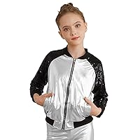 TiaoBug Kids Girls Boys Shiny Sequins Jazz Hip Hop Modern 70's Disco Dance Coat Zipper Bomber Jacket Flight Jacket Outwear