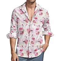Watercolor Flowers Flamingo and Parrot Men's Shirt Loose Fit Long Sleeve Shirt Beach Button-Up Casual Shirts Wedding Shirt