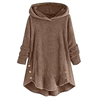 SNKSDGM Womens Fall Fuzzy Fleece Jackets Hooded Button Down Mid-Long Faux Sherpa Shaggy Trench Coat Outerwear with Pocket