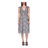 MICHAEL KORS Womens Silver Tie Ruffled Lined Cap Sleeve V Neck Midi Party Wrap Dress L