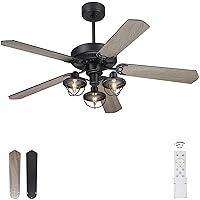 YOUKAIN Farmhouse Wooden Ceiling Fans, 52 Inch Industrial Ceiling Fan with 3 Lights and Remote Control, 5-Reversible Blades Indoor/Outdoor, Matte Black/Barnwood Finish, 52-YJ631