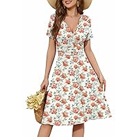 WEACZZY Women's Summer Short Sleeve Casual Dresses V-Neck Floral Party Dress with Pockets