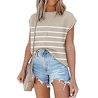 Womens Summer Cap Sleeve Sweater Tops Sleeveless Vest Casual Loose Fit Striped Knit Lightweight Pullover Tops