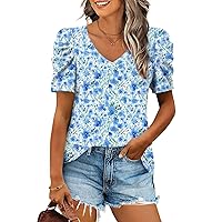 Anydeer Women Puff Sleeve Summer Tunic Top Casual T-Shirts Fashion V-Neck Pullover Loose Blouse