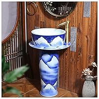 Art Pedestal ​Bathroom Sink Vessel Sink Combo Toilets Basins Handmade with Faucet and Drain Installation Hole, for Indoor and Outdoor,Blue,Without Mirror
