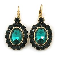 Vintage Inspired Oval Emerald Green Crystal Drop Earrings with Leverback Closure In Antique Gold Tone - 40mm L