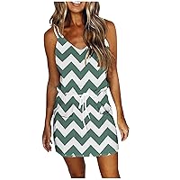 Womens 2024 Summer Casual Dress Striped Sleeveless V Neck Spaghetti Strap Beach Dress Tie Waist T-Dress with Pockets