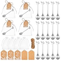 100 Set Wedding Tea Spoon Favor 4.7'' for Guest Bulk, Stainless Steel Mini Dessert Teaspoon with 100 Gift Tag Drawstring Organza Bag and Rope for Gift Tea Party Bridal Shower Favor (Silver,Leaf)