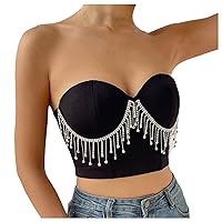Womens Fashion Tassels Corset Crop Bandeau with Padded Summer Off Shoulder Sleeveless Sexy Tube Tops for Club Party