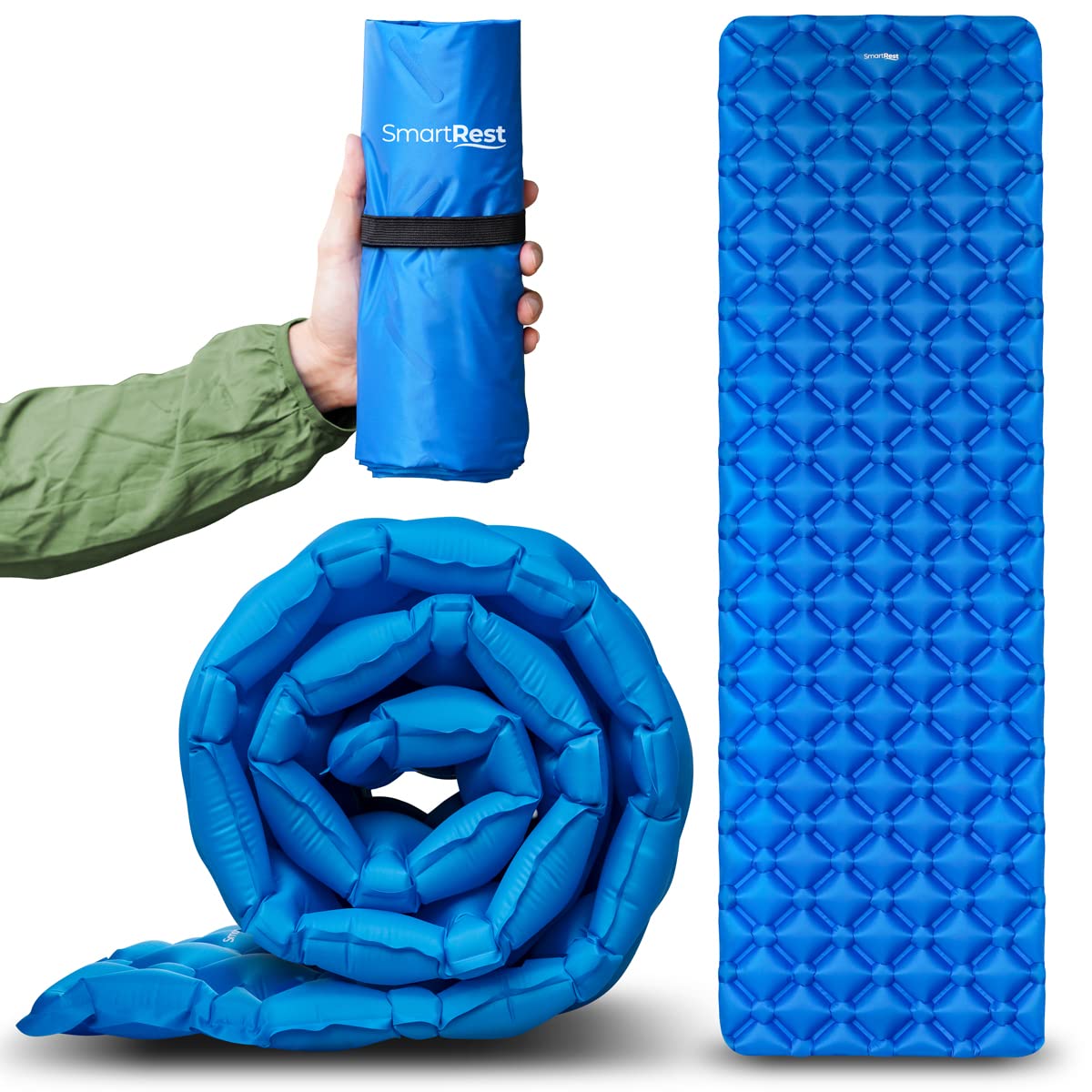 SmartRest Sleeping Pad for Camping - Ultralight Inflatable Air Mat Mattress for Backpacking, Hiking - Camping Gear Essentials and Accessories - S2 Blue