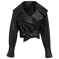 Women’s Black Punk Cowhide Crop Top Lapel Collar Fashionable Motorcycle Leather Jacket