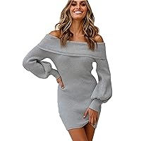 Women's Off Shoulder Sweater Dress Slim Fitted Cropped Party Dress with Long Sleeve Ribbed Knit Mini Dress
