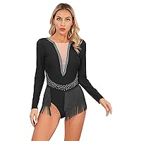 iiniim Women Sparkle Sequins Long Sleeve Tassel Leotard Mesh Patchwork Mock Neck Open Back Fringe Bodysuit