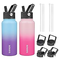 BJPKPK 2 Pack Insulated Water Bottles with Straw Lids, 32oz Stainless Steel Metal Water Bottle with 6 Lids, Leak Proof BPA Free Thermos, Cups, Flasks for Travel, Sports (Sakura+Ocean Dream)
