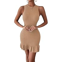 SOLY HUX Women's Sexy Sleeveless Bodycon Dress Ruffle Hem Ribbed Knit Sweater Slim Fit Ruched Stretchy Tank Mini Dresses