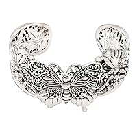 NOVICA Handmade Sterling Silver Butterfly Motif Cuff Bracelet Indonesia Animal Themed Nature Bug Butterflybutterfly [6 in L (end to End) x 1.2 in W] 'Butterfly Brilliance'