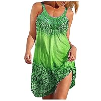 Women's Bohemian Round Neck Glamorous Casual Loose-Fitting Summer Print Swing Dress Beach Sleeveless Knee Length Flowy Green
