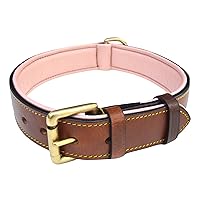 Padded Leather Dog Collar, Brown with Light Pink Padding, Genuine Real Leather, 24