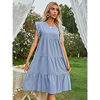Fall Dresses for Women 2023 Ruffle Trim Smock Dress Dresses for Women (Color : Dusty Blue, Size : Medium)