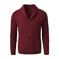 Men's Shawl Collar Cardigan Sweater Slim Fit Cable Knit Button Black Merino Wool Sweater