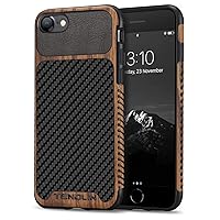 TENDLIN Compatible with iPhone SE 2022 Case (3rd Gen)/iPhone SE 2020 Case (2rd Gen)/iPhone 8 Case/iPhone 7 Case Wood Grain with Carbon Fiber Texture Design Leather Hybrid Slim Case