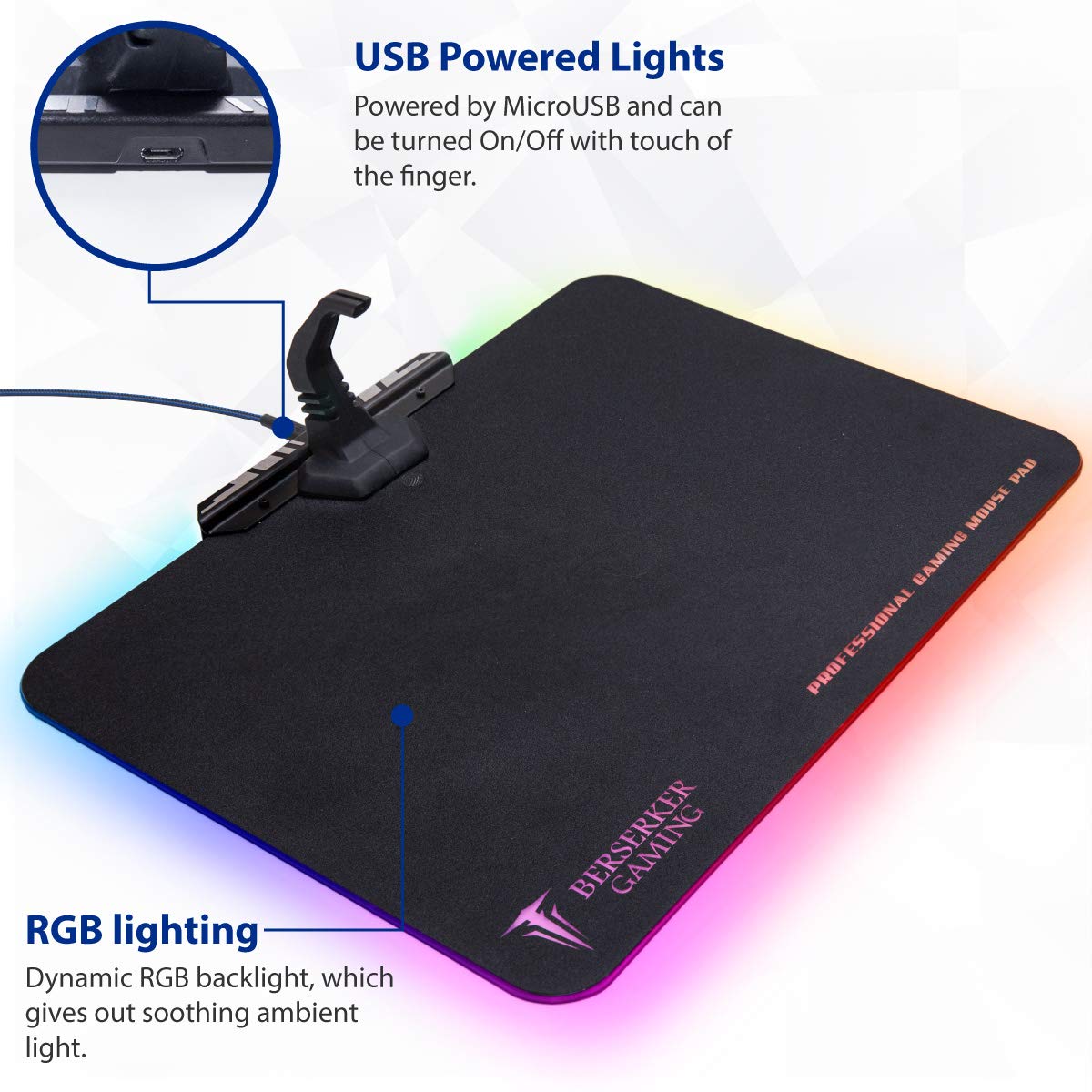 Large RGB LED Gaming Mouse Pad Hard Micro Texture Surface -7 Light Up Modes - Mouse Bungee Cable Manager Holder Attachment - PC; Mac; Linux